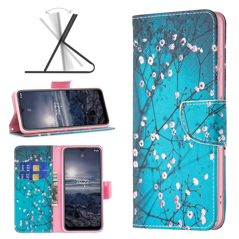 Voor Nokia G21 / G11 telefoonhoesje met patroonprint PU-leer portemonnee standhoes - Prunusbloesem