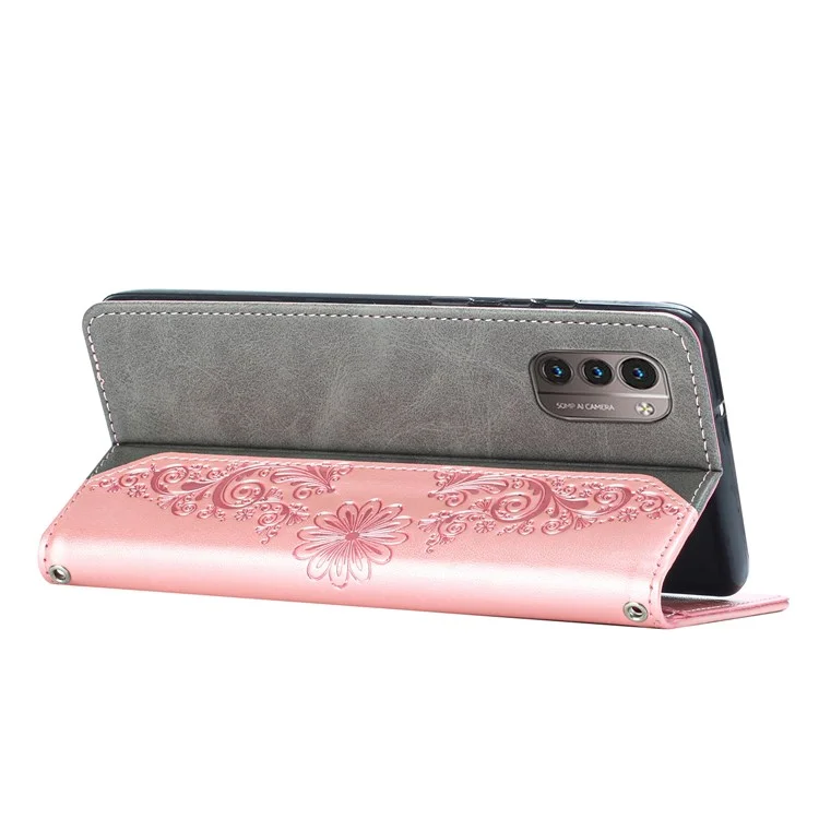 Для Nokia G11/G21 Magnetic Chroale Cash Case pu Кожаная Бабочка с Цветочной Крышкой на Крышку Кошелька на Фолио. - Розовый