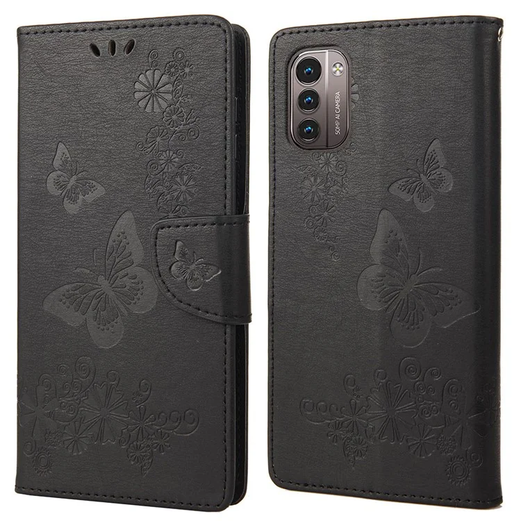 Étui de Téléphone de Portefeuille Pour Amortisseur Pour Nokia G21 Protection Flio Flip Cover Butterfly Flower Imprimé de Téléphone en Cuir Imprimé Avec Support - le Noir