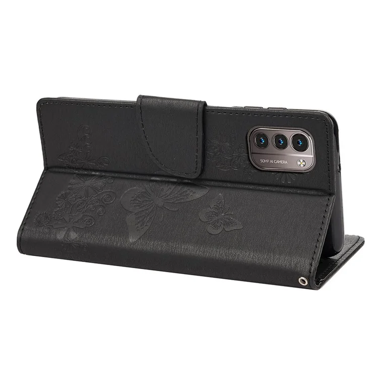 Shockproof Wallet Phone Case for Nokia G21 Protective Folio Flip Cover Butterfly Flower Imprinted Leather Phone Protector with Stand - Black