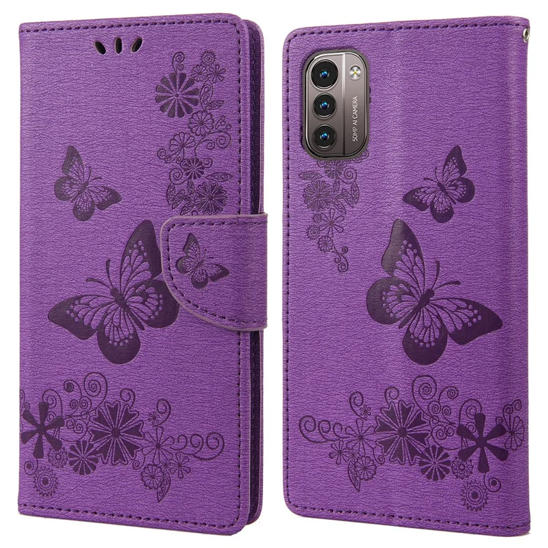 Shockproof Wallet Phone Case for Nokia G21 Protective Folio Flip Cover Butterfly Flower Imprinted Leather Phone Protector with Stand - Purple