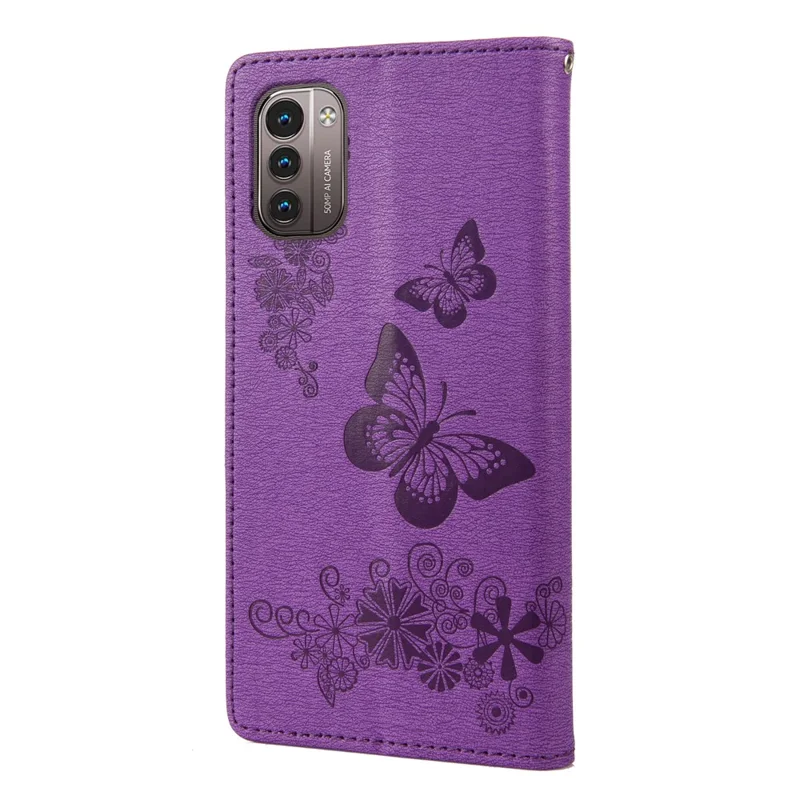 Shockproof Wallet Phone Case for Nokia G21 Protective Folio Flip Cover Butterfly Flower Imprinted Leather Phone Protector with Stand - Purple