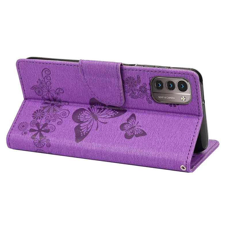 Shockproof Wallet Phone Case for Nokia G21 Protective Folio Flip Cover Butterfly Flower Imprinted Leather Phone Protector with Stand - Purple