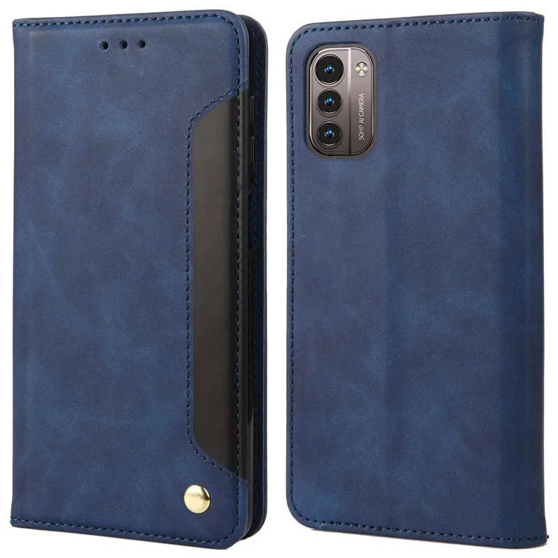 Business Style Wallet Phone Case for Nokia G21 Shockproof Stand Folio Flip Cover Splicing Leather Shell with Wallet - Blue