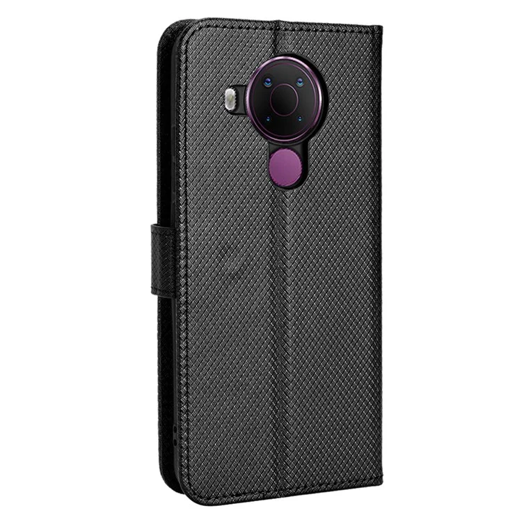 For Nokia 5.4 Viewing Stand Leather Case Diamond Texture TPU Shell Flip Wallet Phone Cover with Strap - Black