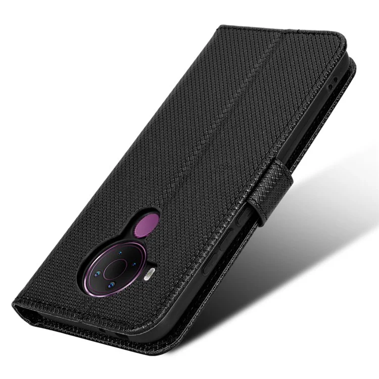 For Nokia 5.4 Viewing Stand Leather Case Diamond Texture TPU Shell Flip Wallet Phone Cover with Strap - Black