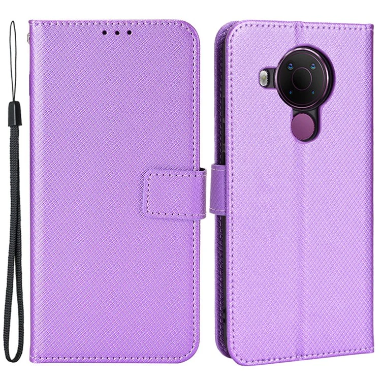 Per Nokia 5.4 Supporto per visualizzazione Custodia in pelle Texture a diamante Guscio TPU Flip Wallet Phone Cover con cinturino - Viola
