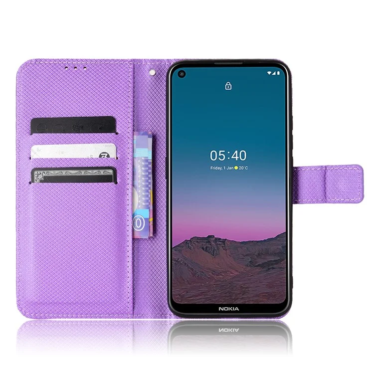Per Nokia 5.4 Supporto per visualizzazione Custodia in pelle Texture a diamante Guscio TPU Flip Wallet Phone Cover con cinturino - Viola