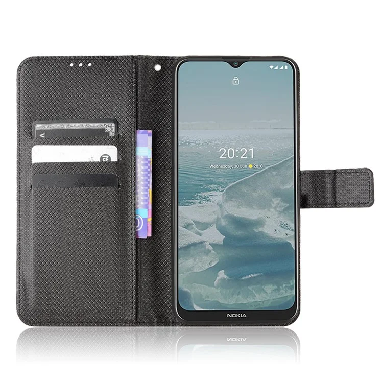 Per Nokia G10 / G20 / 6.3 Diamond Texture PU Leather Magnetic Flip Cover Full Body Protection Stand Bookstyle Wallet Case with Strap - Nero