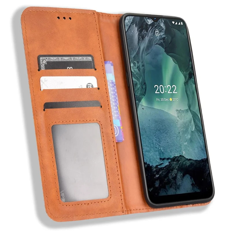 Pour Nokia G21 / G11 Vintage Mosaic Imprinted Flip Leather Case Stand Bookstyle Magnetic Auto-absorbed Wallet Cover - Marron