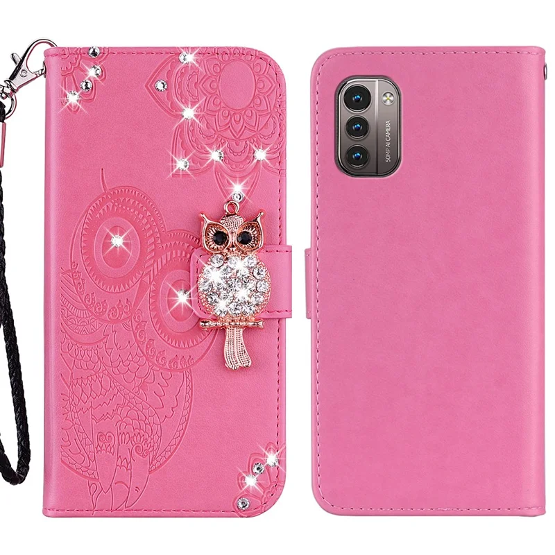 Rhinestone Decor Leather Case for Nokia G11/G21, Owl Flower Imprinted Wallet Stand Phone Cover - Rose