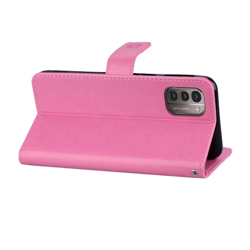 Rhinestone Decor Leather Case for Nokia G11/G21, Owl Flower Imprinted Wallet Stand Phone Cover - Rose