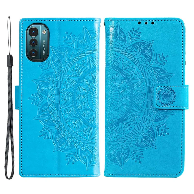 For Nokia G21/G11 PU Leather Phone Flip Cover, Wallet Stand Design Anti-collision Imprinted Mandala Flower Phone Case - Blue