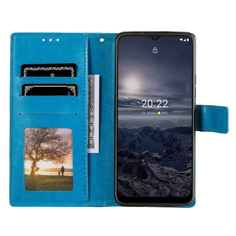 For Nokia G21/G11 PU Leather Phone Flip Cover, Wallet Stand Design Anti-collision Imprinted Mandala Flower Phone Case - Blue