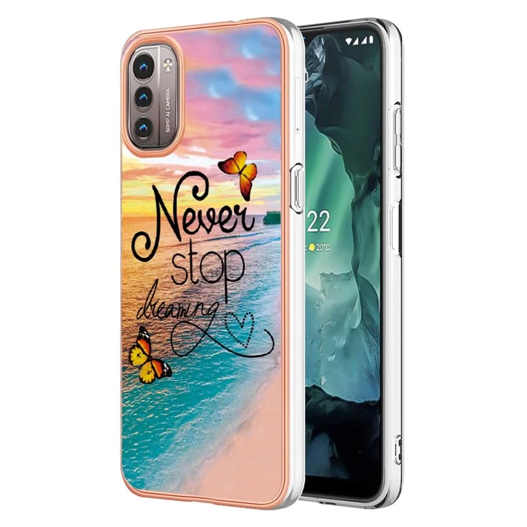 Para Nokia G21/G11 YB IMD Series-1 Capa de proteção de borda de TPU macio com padrão de mármore floral resistente a arranhões e eletrodeposição - Nunca pare de sonhar
