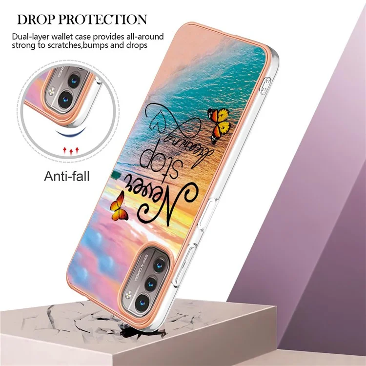Para Nokia G21/G11 YB IMD Series-1 Capa de proteção de borda de TPU macio com padrão de mármore floral resistente a arranhões e eletrodeposição - Nunca pare de sonhar