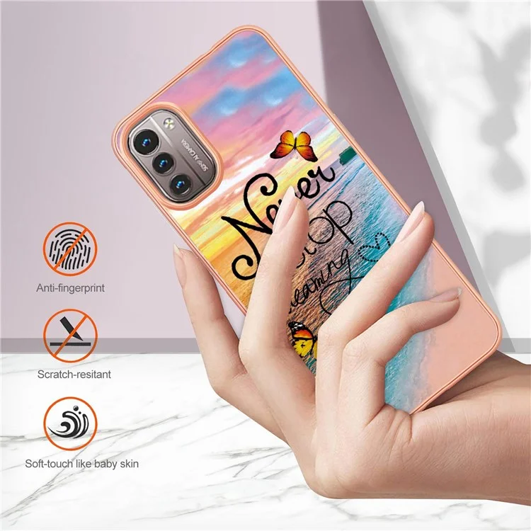 Para Nokia G21/G11 YB IMD Series-1 Capa de proteção de borda de TPU macio com padrão de mármore floral resistente a arranhões e eletrodeposição - Nunca pare de sonhar