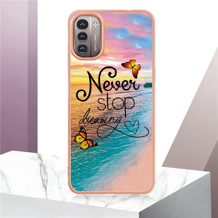 Para Nokia G21/G11 YB IMD Series-1 Capa de proteção de borda de TPU macio com padrão de mármore floral resistente a arranhões e eletrodeposição - Nunca pare de sonhar