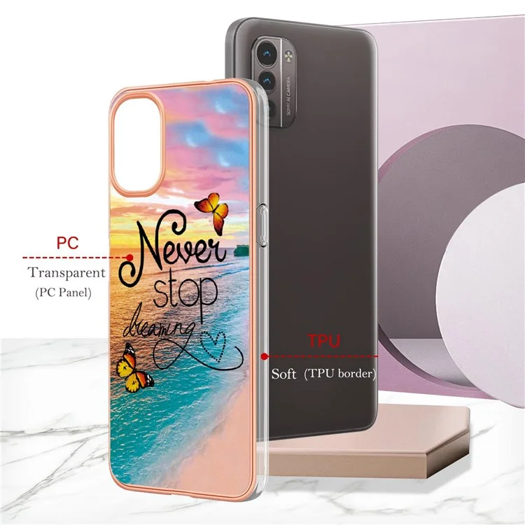 Para Nokia G21/G11 YB IMD Series-1 Capa de proteção de borda de TPU macio com padrão de mármore floral resistente a arranhões e eletrodeposição - Nunca pare de sonhar