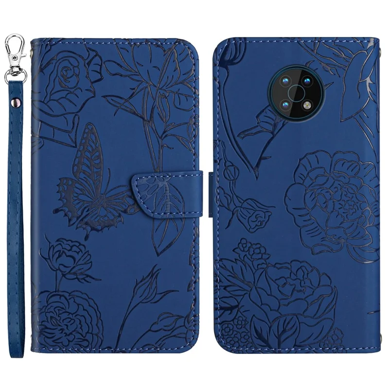 Butterfly Flowers Imprinting PU Leather Phone Shell for Nokia G50, Pattern Imprinting Design Wallet Stand Case with Handy Strap - Blue