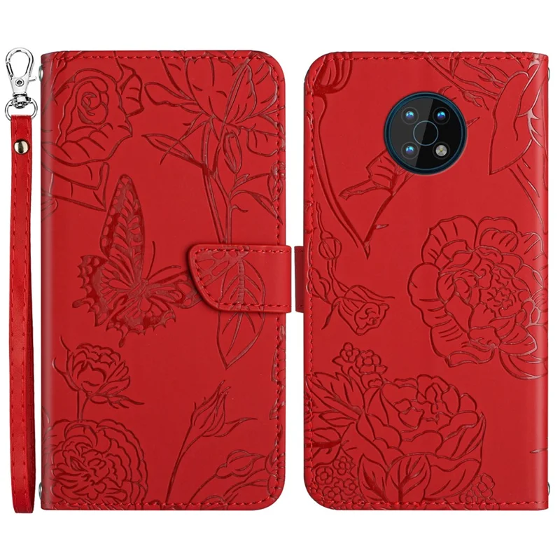 Butterfly Flowers Imprinting PU Leather Phone Shell for Nokia G50, Pattern Imprinting Design Wallet Stand Case with Handy Strap - Red