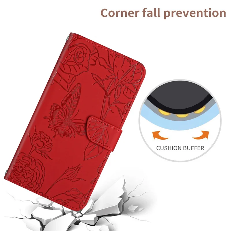 Butterfly Flowers Imprinting PU Leather Phone Shell for Nokia G50, Pattern Imprinting Design Wallet Stand Case with Handy Strap - Red