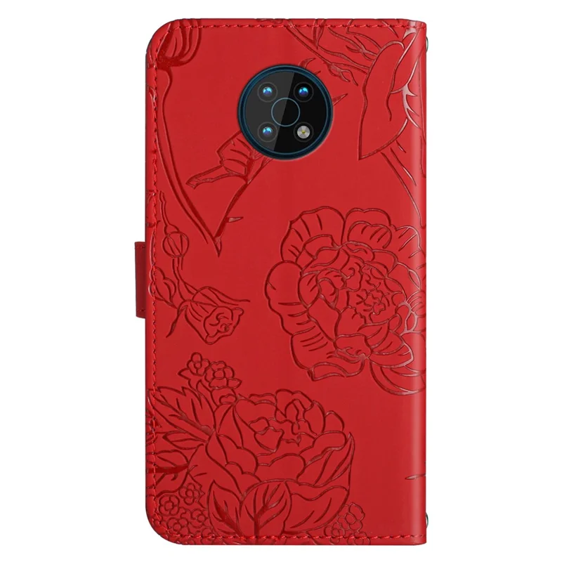 Butterfly Flowers Imprinting PU Leather Phone Shell for Nokia G50, Pattern Imprinting Design Wallet Stand Case with Handy Strap - Red