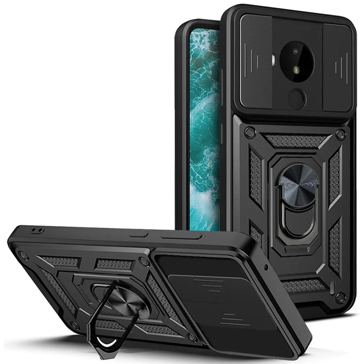 PC + TPU Cell Phone Shell Bag for Nokia C30, Dual Layer Armor Phone Case Slide Lens Protection Kickstand Scratch-Resistant Cover with Built-in Rotate Magnetic Metal Sheet - Black