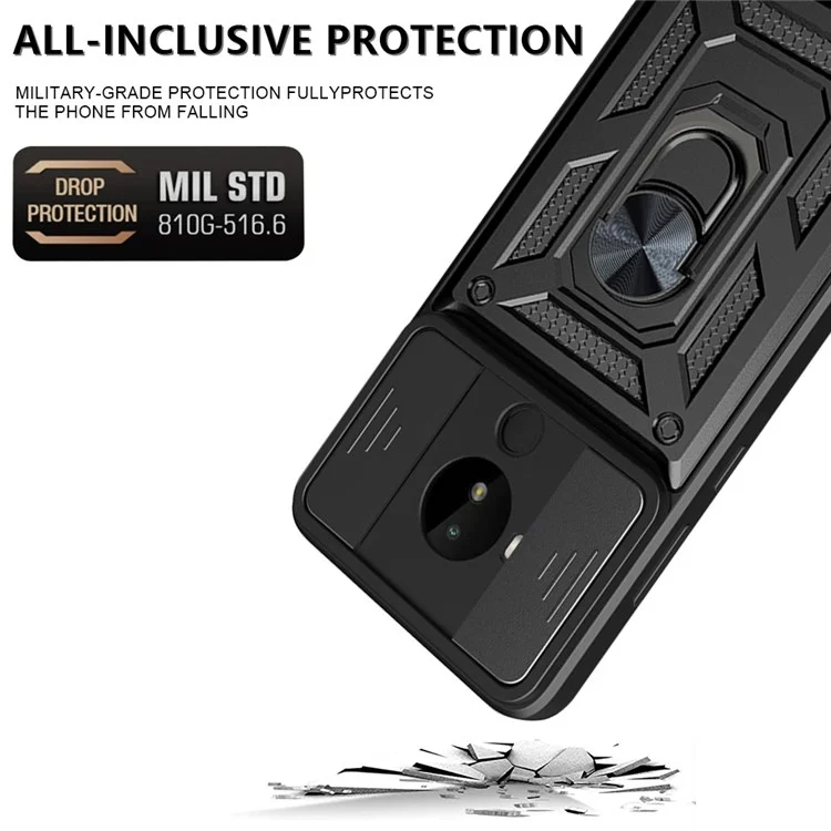 PC + TPU Cell Phone Shell Bag for Nokia C30, Dual Layer Armor Phone Case Slide Lens Protection Kickstand Scratch-Resistant Cover with Built-in Rotate Magnetic Metal Sheet - Black