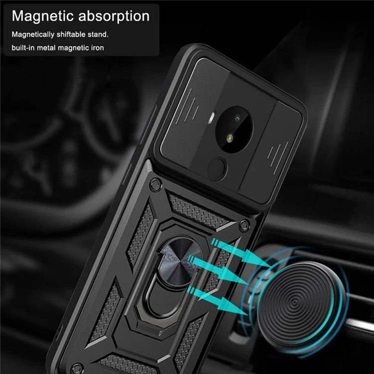 PC + TPU Cell Phone Shell Bag for Nokia C30, Dual Layer Armor Phone Case Slide Lens Protection Kickstand Scratch-Resistant Cover with Built-in Rotate Magnetic Metal Sheet - Black