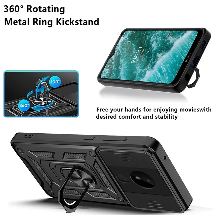 PC + TPU Cell Phone Shell Bag for Nokia C30, Dual Layer Armor Phone Case Slide Lens Protection Kickstand Scratch-Resistant Cover with Built-in Rotate Magnetic Metal Sheet - Black