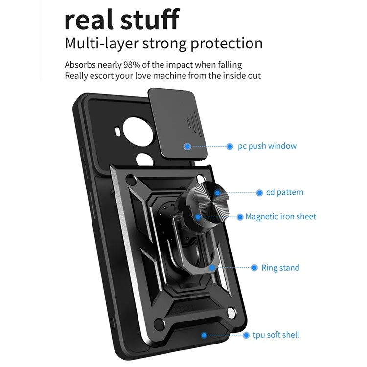 PC + TPU Cell Phone Shell Bag for Nokia C30, Dual Layer Armor Phone Case Slide Lens Protection Kickstand Scratch-Resistant Cover with Built-in Rotate Magnetic Metal Sheet - Black
