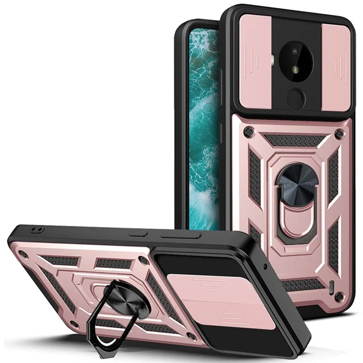 PC + TPU Cell Phone Shell Bag for Nokia C30, Dual Layer Armor Phone Case Slide Lens Protection Kickstand Scratch-Resistant Cover with Built-in Rotate Magnetic Metal Sheet - Rose Gold