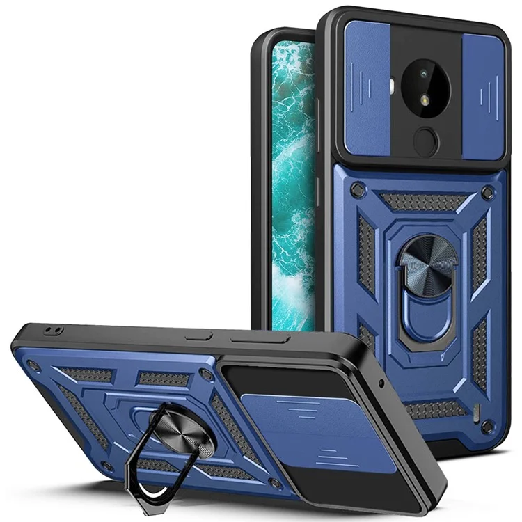 PC + TPU Cell Phone Shell Bag for Nokia C30, Dual Layer Armor Phone Case Slide Lens Protection Kickstand Scratch-Resistant Cover with Built-in Rotate Magnetic Metal Sheet - Blue