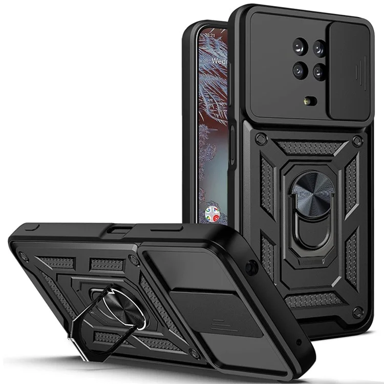 Para o Caso do Telefone Nokia G20/G10 Capa PC + TPU Camada Dupla Design Armadura Deslizante Proteção de Lente Suporte de Apoio Telefone Capa com Folha de Metal Giratória Magnética Integrada - Preto