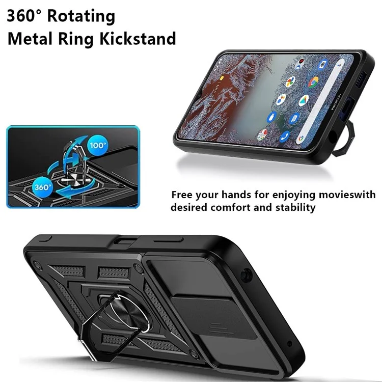 Para o Caso do Telefone Nokia G20/G10 Capa PC + TPU Camada Dupla Design Armadura Deslizante Proteção de Lente Suporte de Apoio Telefone Capa com Folha de Metal Giratória Magnética Integrada - Preto