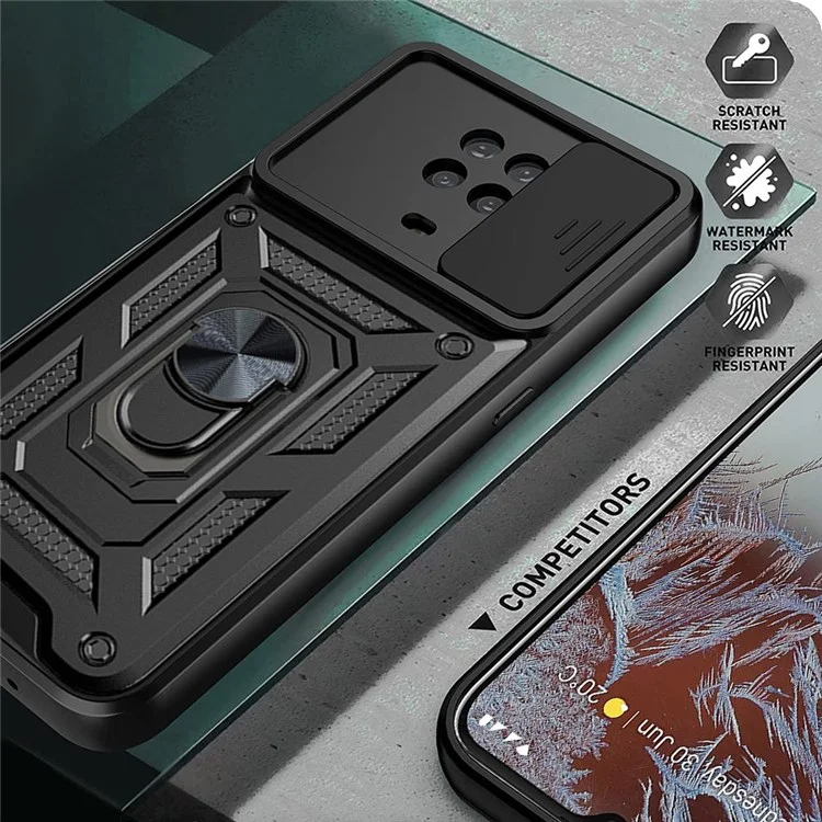 Para o Caso do Telefone Nokia G20/G10 Capa PC + TPU Camada Dupla Design Armadura Deslizante Proteção de Lente Suporte de Apoio Telefone Capa com Folha de Metal Giratória Magnética Integrada - Preto