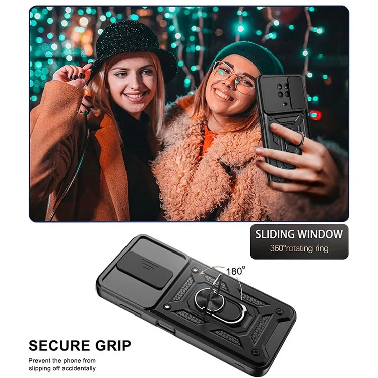 Para o Caso do Telefone Nokia G20/G10 Capa PC + TPU Camada Dupla Design Armadura Deslizante Proteção de Lente Suporte de Apoio Telefone Capa com Folha de Metal Giratória Magnética Integrada - Preto