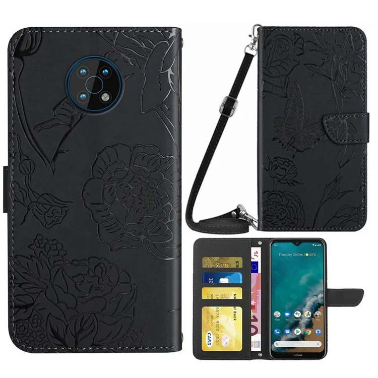 For Nokia G50 Cell Phone Case Bag Skin-touch PU Leather Imprinting Pattern Design Hands-free Stand Wallet Phone Cover with Shoulder Strap - Black