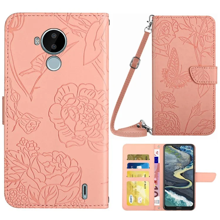 For Nokia C30 Mobile Phone Cover Bag Skin-touch Feeling PU Leather Imprinting Pattern Hands-free Stand Wallet Phone Case with Shoulder Strap - Pink