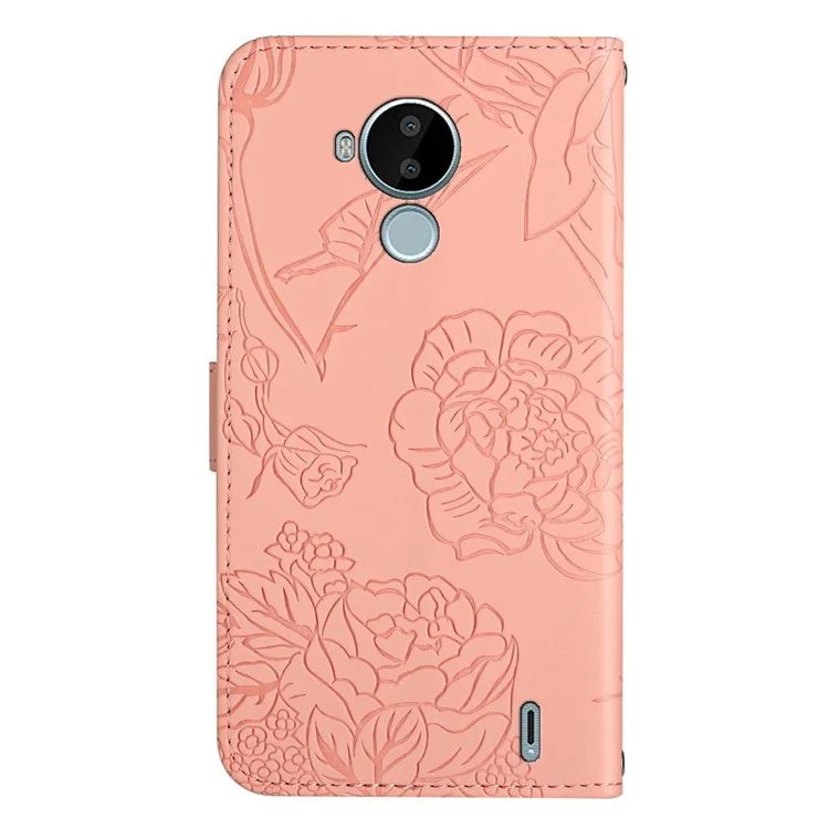 For Nokia C30 Mobile Phone Cover Bag Skin-touch Feeling PU Leather Imprinting Pattern Hands-free Stand Wallet Phone Case with Shoulder Strap - Pink