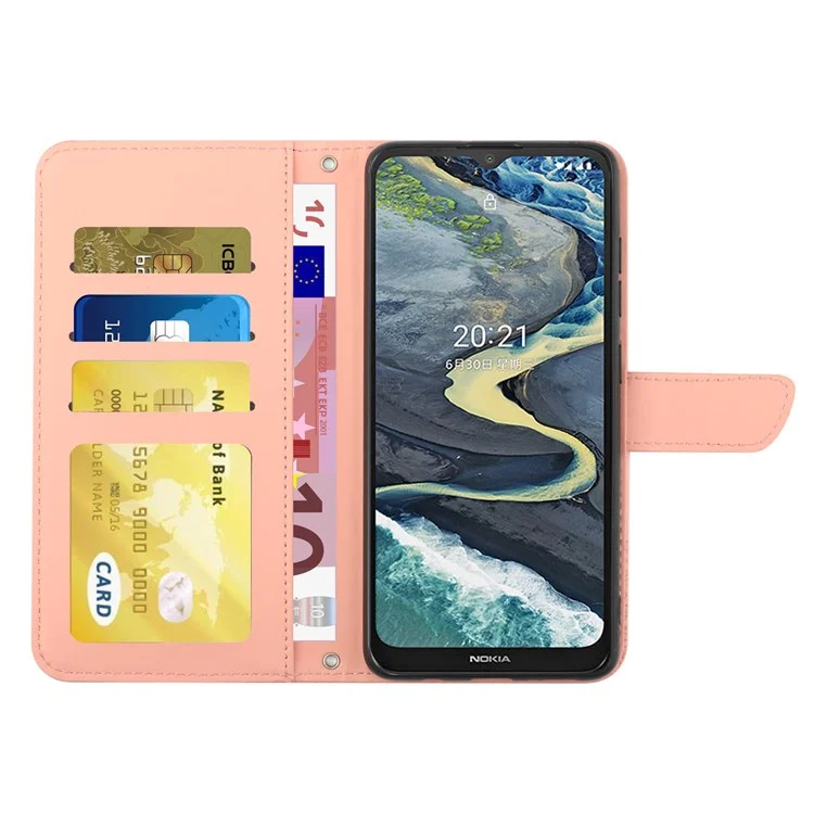 For Nokia C30 Mobile Phone Cover Bag Skin-touch Feeling PU Leather Imprinting Pattern Hands-free Stand Wallet Phone Case with Shoulder Strap - Pink