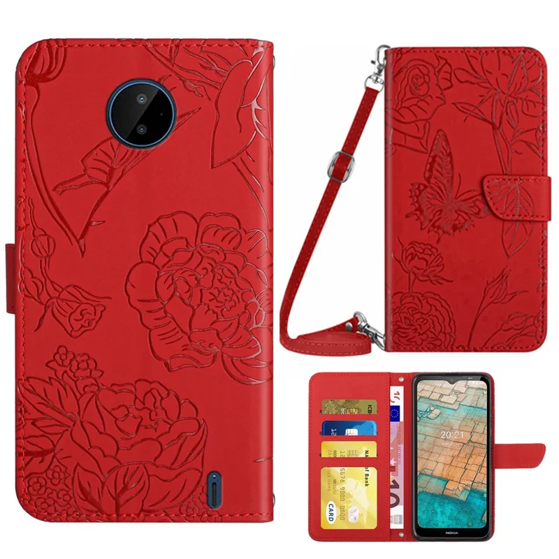For Nokia C20/C10 smartphoneskræddersyet taske med behagelig følelse af PU-læder, præget mønster, understøtter stander, wallet og telefonbeslag med skulderrem - Rød