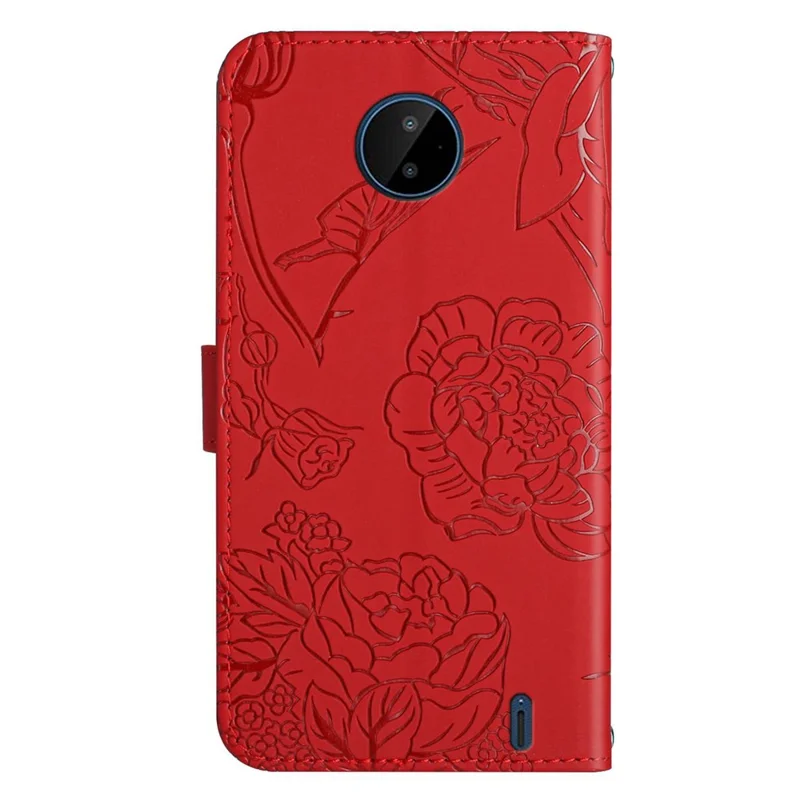 For Nokia C20/C10 smartphoneskræddersyet taske med behagelig følelse af PU-læder, præget mønster, understøtter stander, wallet og telefonbeslag med skulderrem - Rød