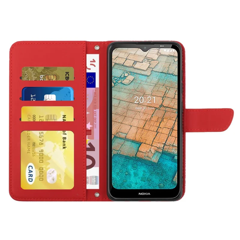 For Nokia C20/C10 smartphoneskræddersyet taske med behagelig følelse af PU-læder, præget mønster, understøtter stander, wallet og telefonbeslag med skulderrem - Rød