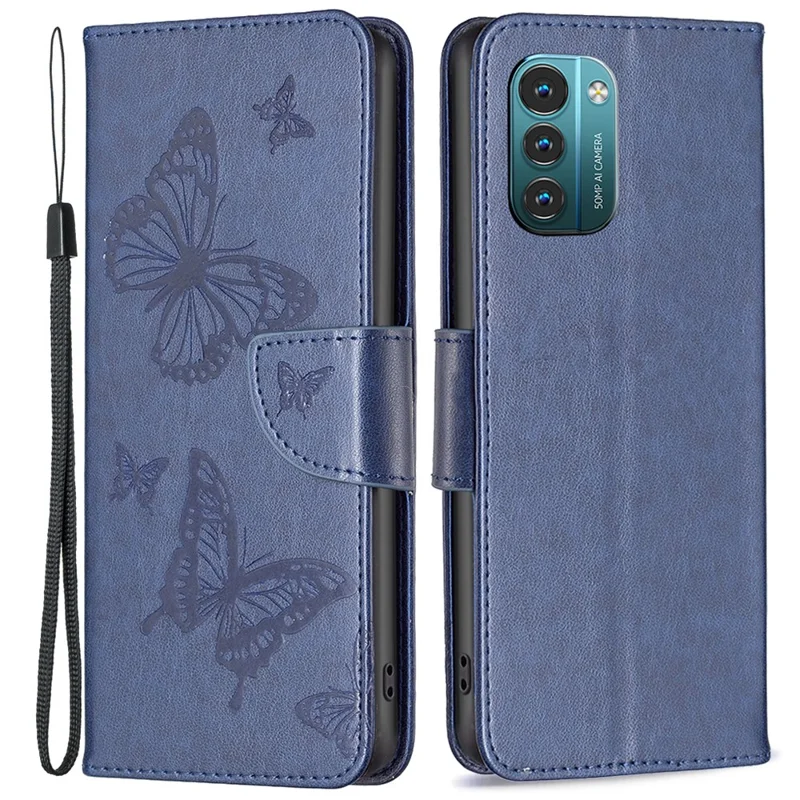 For Nokia G11 / G21 Wallet Case Imprinted Butterflies Leather Phone Cover with Strap - Dark Blue