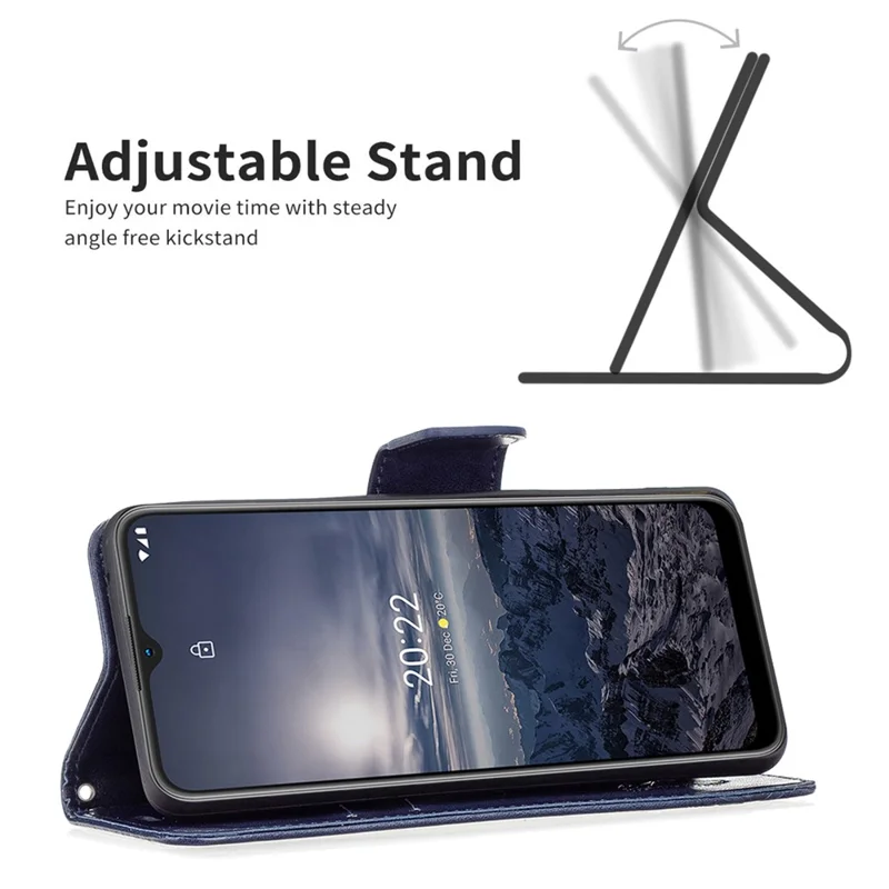 For Nokia G11 / G21 Wallet Case Imprinted Butterflies Leather Phone Cover with Strap - Dark Blue