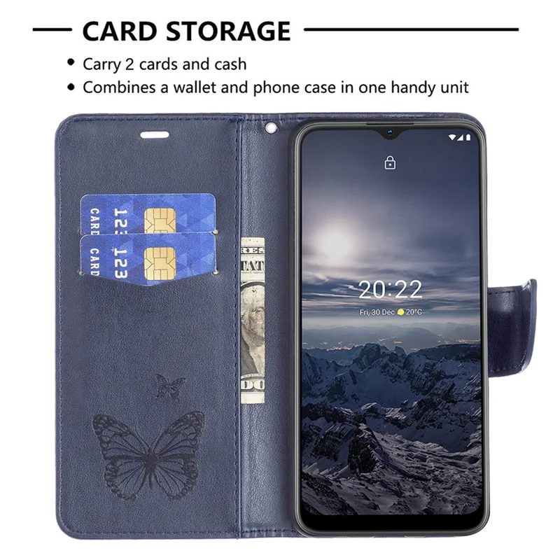 For Nokia G11 / G21 Wallet Case Imprinted Butterflies Leather Phone Cover with Strap - Dark Blue