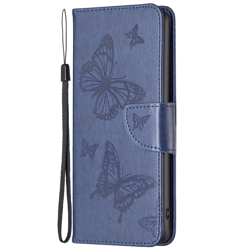For Nokia G11 / G21 Wallet Case Imprinted Butterflies Leather Phone Cover with Strap - Dark Blue