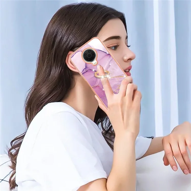 YB IMD Series-10 für Nokia G20/G10 Fall Prevention Marble Pattern IMD TPU Case Ring Kickstand Electroplating Frame Phone Cover - Lila 001